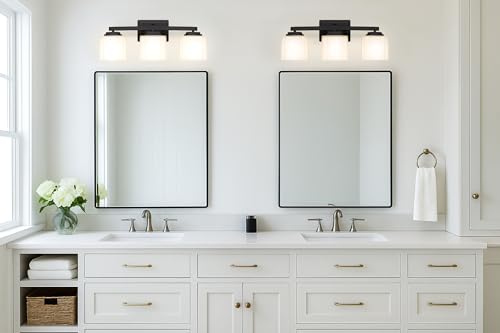 Tawson Adam Modern 3-Light Vanity Light Industrial Wall Sconce Lighting Fixture with Etched Glass Shade in Dark Bronze Black Finish for Bathroom, Hallway, Kitchen, Mirror