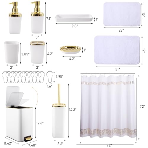 XLHOMO 11PCS Bathroom Sets with Shower Curtain and Rugs Bathroom Accessories Set White Bathroom Set,Soap Dispenser & Toilet Brush Holder Set with Stainless Steel Trash Can - size: White, style: Bath Set+Shower Curtain+Bath Rugs