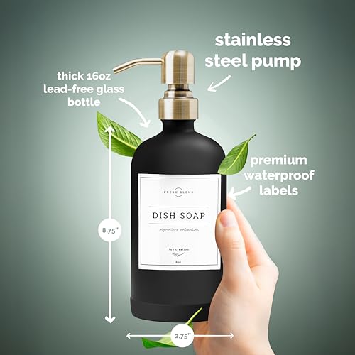 Vine Creations Black Glass Soap Dispenser, 2 Pack Kitchen Soap Dispenser Set with Stainless Steel Pump, 16 oz Dish Soap and Hand Soap Dispensers for Bathroom with Waterproof Labels - color: Matte Black Bottle / Brushed Brass Pump