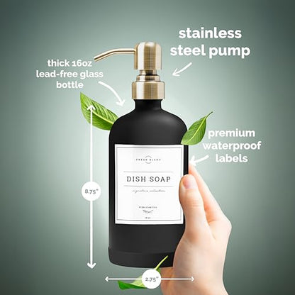 Vine Creations Black Glass Soap Dispenser, 2 Pack Kitchen Soap Dispenser Set with Stainless Steel Pump, 16 oz Dish Soap and Hand Soap Dispensers for Bathroom with Waterproof Labels - color: Matte Black Bottle / Brushed Brass Pump
