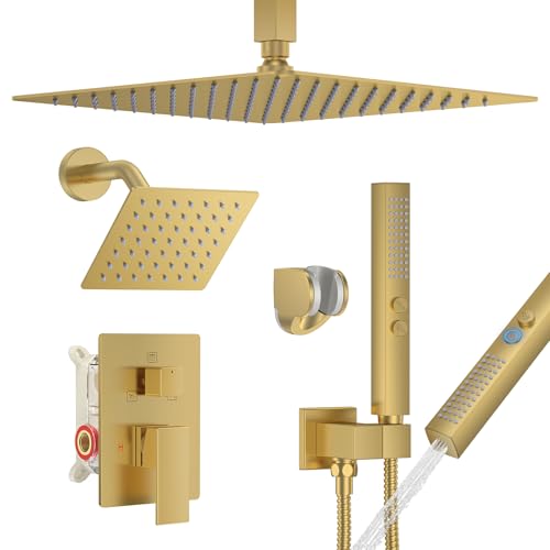Rain Shower System 12" & 6" Dual Shower Heads Ceiling Shower Faucet Set | Ideal for bathroom remodels and upgrades with 12" rain shower, 6" angled shower, handheld spray and complete valve kit. - color: Brushed Gold, size: Ceiling Mounted - 12"+6" Shower