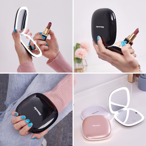 Mocado Compact LED Magnifying Travel Makeup-Mirror - 4 inches 1X/10X Magnification Small Hand Pocket Dimmable Double Sided USB Rechargeable Touch Screen, Portable Tabletop Cosmetic (Black) | Double Sides Lighted, 3 Colors Lighting, 0-100% Brightness, Diam