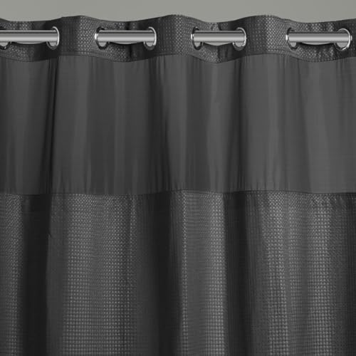 Hookless It’s A Snap! Waffle Shower Curtain, 3-in-1 Shower Curtain Includes Fabric Shower Curtain with Sheer Top Window, Flex-On Rings & Fabric Liner, 71” x 74”, Black - color: Black, size: 71"W x 74"L (Pack of 1), style: Without Magnets