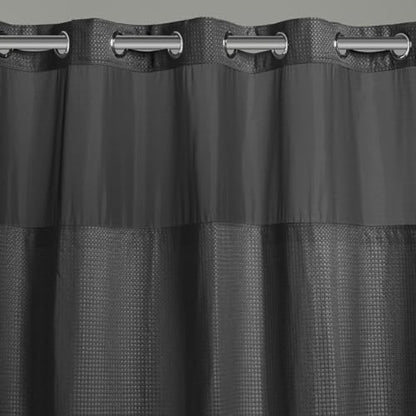 Hookless It’s A Snap! Waffle Shower Curtain, 3-in-1 Shower Curtain Includes Fabric Shower Curtain with Sheer Top Window, Flex-On Rings & Fabric Liner, 71” x 74”, Black - color: Black, size: 71"W x 74"L (Pack of 1), style: Without Magnets
