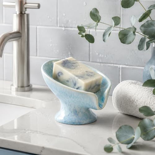 Ceramic Drain Soap Dish - Glacier Blue Leaf Self Draining Bar Soap Holder, Colorfast Stain Resistant Soap Saver for Bathroom & Kitchen, Shower, Sink, Easy Clean