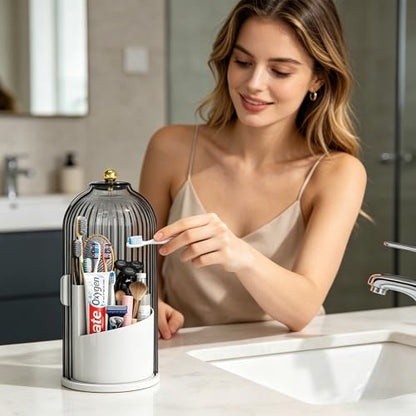 Dustproof Toothbrush Holder with Lid, 360 Rotating Countertop Electric Toothbrush Toothpaste Holders with Cover for Bathroom, 3 Slots Makeup Brush Holder with Lid for Vanity, Clear Grey - color: White with Clear Grey Lid
