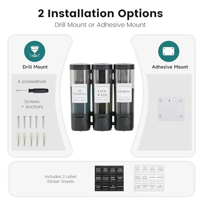 Wall-Mounted Shower Soap Dispenser 3 Chamber, No Drill Shower Dispenser | Shampoo and Conditioner Dispenser for Bathroom Hotel Large Capacity,Black - color: 3black