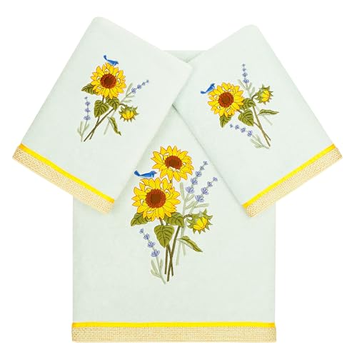 Jubilant 3-Piece Towel Set, Embroidered Sunflower & Lavender, 100% Turkish Cotton, Super Absorbent, Country Charm Decor, 1 Bath 2 Hand Towels, Aqua - color: Aqua, size: 1 Pc Bath 2 Pcs Hand Towel
