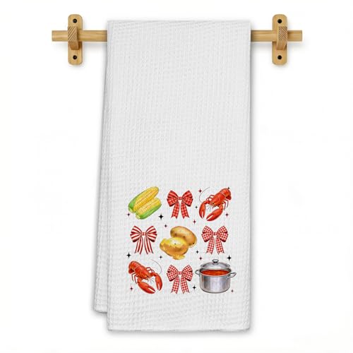 Coquette Red Bow Crawfish Kitchen Towels, Seafood Boil Party Supplies, Beach Lobster Dish Tea Towels for Kitchen Decor, Coastal Summer Lobster Decorative Hand Towel for Bathroom, 16x24 Inch - color: Coquette Crawfish-red
