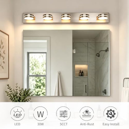 Brushed Nickel Bathroom Light Fixtures Over Mirror, 5-Light | LED Dimmable Bath Lights, Modern Wall Mounted Lighting Fixture with Rotating Lamp Head, Acrylic Metal, 5CCT 40.55in - color: Nickel-5CCT-Dimmable