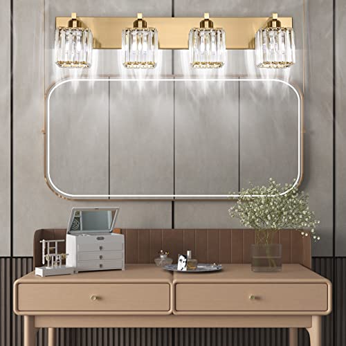 Aipsun Bathroom Lighting Fixtures Modern Crystal Vanity Light Brass 4 Light Bathroom Vanity Light (Exclude Bulb) - color: Gold, size: 32 inch