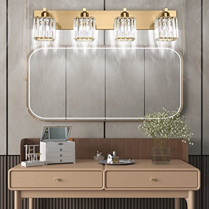 Aipsun Bathroom Lighting Fixtures Modern Crystal Vanity Light Brass 4 Light Bathroom Vanity Light (Exclude Bulb) - color: Gold, size: 32 inch