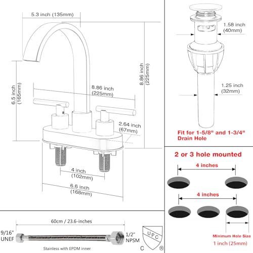 TRUSTMI 4" Centerset Bathroom Faucet, Brushed Gold - High-Flow Waterfall Spout for Deep Sinks, 360° Swivel, 2 or 3 Hole Deck Mount, Includes Drain & Supply Lines - color: Brushed Gold