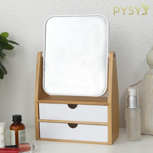 1x/5x Rectangle Magnifying Makeup Mirror, Jewelry and Cosmetics Storage Box | The Desktop Makeup Mirror Features Two Storage Compartments,360°Rotating Mirror Surface, and a Natural Bamboo Base