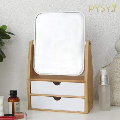 1x/5x Rectangle Magnifying Makeup Mirror, Jewelry and Cosmetics Storage Box | The Desktop Makeup Mirror Features Two Storage Compartments,360°Rotating Mirror Surface, and a Natural Bamboo Base