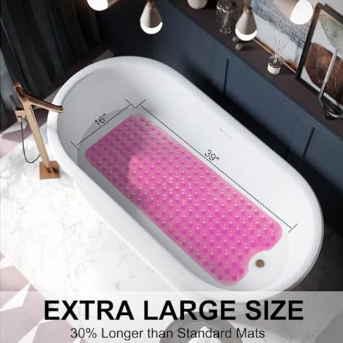 Bathtub Mats for Shower Tub Non-Slip Bath Mat 39 x 16 Inch Extra Long Shower Mat, Bath Tub Mat for Bathroom with Machine Washable, BPA Free for Kids (Clear Hot Pink) - color: Clear Hot Pink