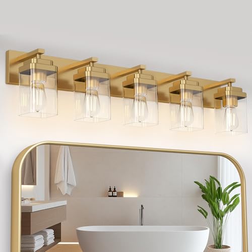 Brushed Gold Bathroom Light Fixtures, 5 Lights Bathroom Lighting Fixtures Over Mirror, Square Design & Rectangle Large Backplate, Modern Vanity Lighting Fixtures, for Living Room/Bedroom - color: Gold, size: 36-inch, 5-Light