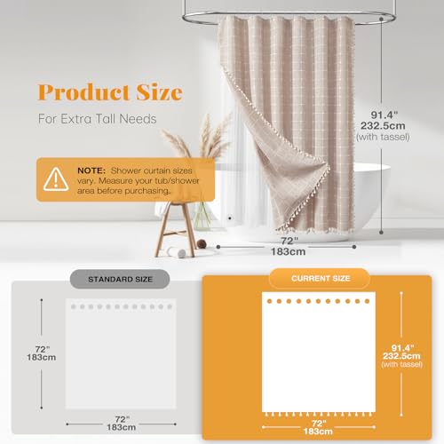 3-in-1 72x90 Boho Farmhouse Linen Shower Curtain with Liner, Taupe | Long Size, 330GSM Linen Blend, Waterproof Clear PEVA Liner, Heavy Duty Cloth, 12 Hooks, Rustic Bohemian, Machine Washable - color: Taupe With Liner, size: 72"W x 90"L (Pack of 1)