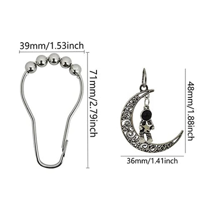 12Pcs Astronaut Shower Curtain Hooks for Bathroom Shower Rod | Rust-Proof Stainless Steel Shower Curtain Rings for Shower Curtain Liners with Fun Pendant, Space Moon Theme Bathroom Decor