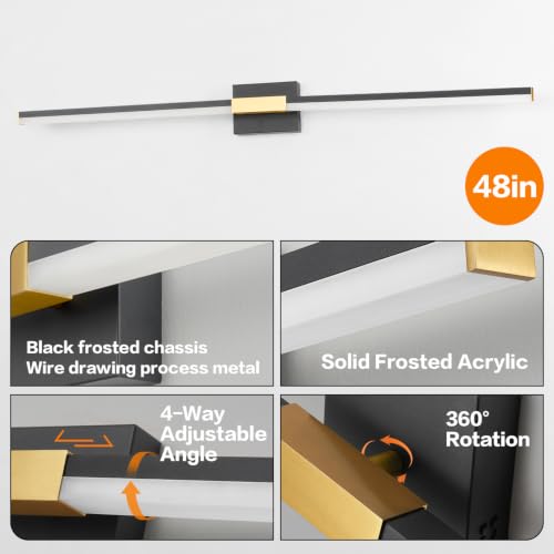SOLFART Bathroom Lighting Fixtures Over Mirror 48 Inch: Black and Gold Dimmable Vanity Light, Built-in Dimmer, Thickened Aluminum Body, 360 Degree Rotation, ETL IP44 - color: Black Gold-6000K, 5-Step Brightness Control, size: 48 inch