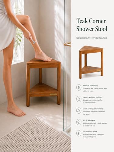 Fully Assembled Teak Corner Bath Shower Storage Stand, Bathroom Bench with Storage Shelf 18"