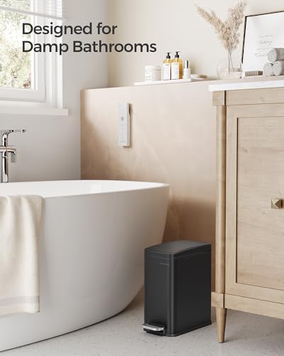 SONGMICS Bathroom Trash Can, 1.3 Gallon (5 L) Small Trash Bin with Lid, Slim for Small Spaces, Stainless Steel Garbage Can, Soft Close, Black ULTB560B05 - color: Black, style: 1.3 Gal.