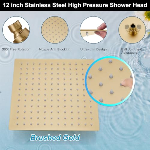 Midanya Shower Faucet Set with Handheld Sprayer,12 Inch,Brushed Gold | Rough-in Shower Valve and Trim Kit Included,Square Rain Head,Wall Mount Shower System,All Metal,Bathroom - color: Gold, size: 12 Inch