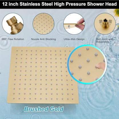 Midanya Shower Faucet Set with Handheld Sprayer,12 Inch,Brushed Gold | Rough-in Shower Valve and Trim Kit Included,Square Rain Head,Wall Mount Shower System,All Metal,Bathroom - color: Gold, size: 12 Inch