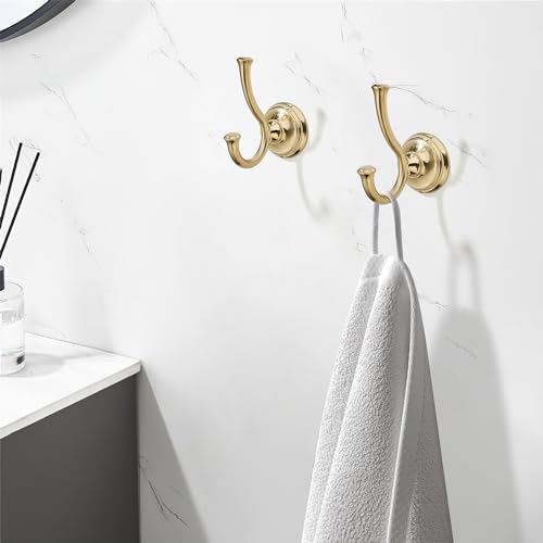 TUNNY Towel Hook Bathroom-2 Pack Champagne Gold Brushed Double Robe/Towel Hook Wall Mounted Hook for Bathroom Bedroom Kitchen - color: Champagne Gold Brushed