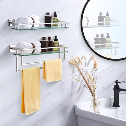 LANC Bathroom Shelf with Towel Bars - 20-Inch Silver Floating Tempered Glass Shelves with 2 Rails for Bathroom Kitchen Accessories Organizer Glass Rack Wall Mount Stainless Steel Chrome, A7617CP - color: Chrome Polished