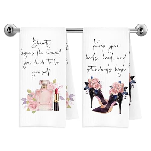 Pink and Black Bathroom Hand Towels, Girly Bathroom Decor, Pink Floral Perfume High Heels Decorative Hand Towels for Vanity Powder Room Washroom Restroom, 16x24 Inch Set of 2