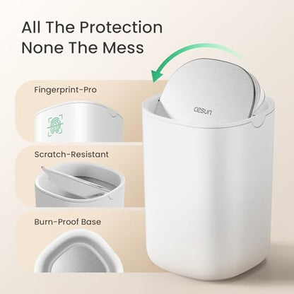 Cesun Mini Desktop Trash Can with Swing Lid, 0.4 Gal Desk Trash Can, White | Removable Lid, Tiny Garbage Can for Tabletop/Counter/Home Office/Makeup Area/Car Interior, Odor Seal, Stain Resistant, Sturdy - color: White
