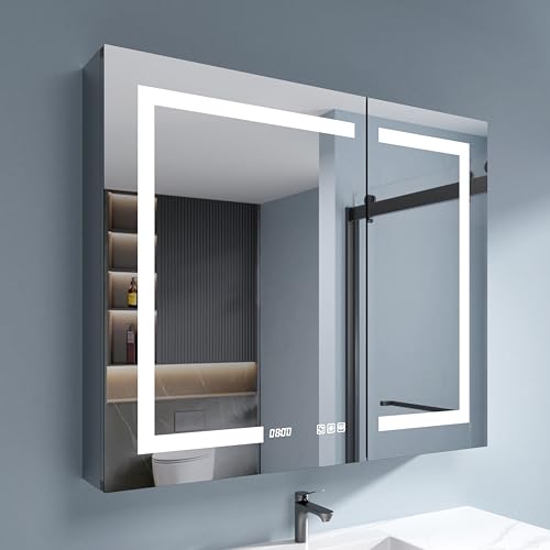 Medicine Cabinet with Lights 36x30 Anti-Fog Mirror Dimmable | 3 Color Dimmable LED. Time/Temp Display. Anti-Fog IP44. 2 Outlets+2 USB. Plug-in/Hardwired. Recessed/Surface Mount. - size: 36x60", style: Style-A