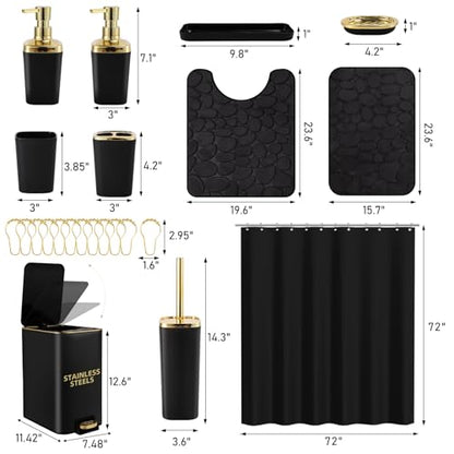 Bathroom Sets with Shower Curtain and Rugs Bathroom Accessories Set Black Bathroom Set,Soap Dispenser & Toilet Brush Holder Set with Stainless Steel Trash Can(23 PCS) - size: Black, style: Bath Set+Waffle Shower Curtain+Bath Rugs