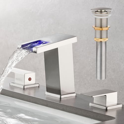 LED Bathroom Faucet 3 Hole, Brushed Nickel Waterfall Bathroom Faucets, 8 Inch Widespread Modern Bathroom Sink Faucet & Parts, Wide Spread Touch On Three Hole 2 Handle Bathroom Vanity Faucet - color: Brushed Nickel