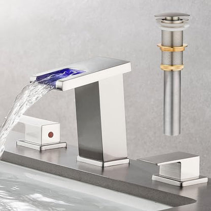 LED Bathroom Faucet 3 Hole, Brushed Nickel Waterfall Bathroom Faucets, 8 Inch Widespread Modern Bathroom Sink Faucet & Parts, Wide Spread Touch On Three Hole 2 Handle Bathroom Vanity Faucet - color: Brushed Nickel