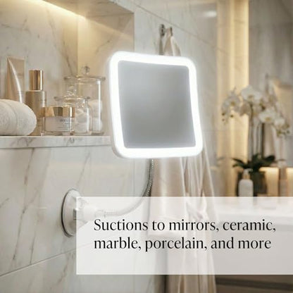 Fancii Flexible Magnifying Mirror 10X with LED Light and Gooseneck, Lighted Travel Makeup Mirror, Lock Suction, Natural Daylight LED, Cordless and Portable (Mira Plus)