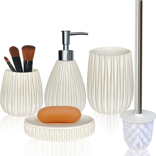 Ceramic Bathroom Accessory Set, White Bathroom Set, Caahanjia Bathroom Accessories Set 4 Pieces, Toilet Brush, Lotion Dispenser, Soap Dish, Toothbrush Cup, Modern Bathroom Décor (13 Ounce) - size: 13 Ounce White