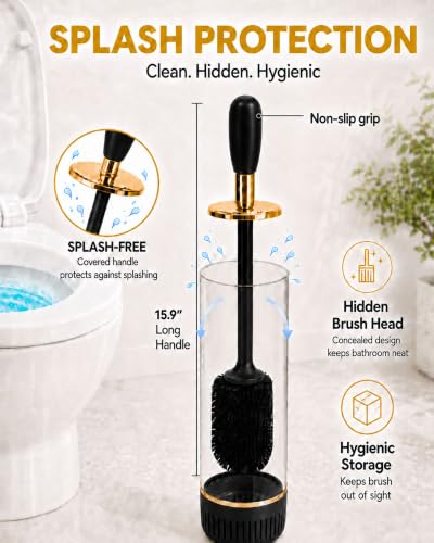 Toilet Brush Set, Dense Nylon Bristles, Wall Mount, Non-Scratch, Black Gold | 16.5" Handle,Splash-Proof,Odor-Locking Lid ,Ventilated Base,Hideaway Brush Head,Thick ABS,2 Adhesive - color: Black Gold