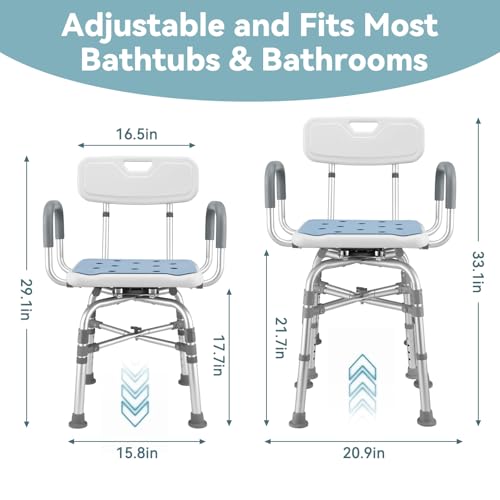 Swivel Shower Chair with Arms and Back, 450lbs Locking Shower Stool for Inside Shower Stall and Bathtub, Height Adjustable Rotating Shower Chair & Seat for Elderly, Adults, Handicap and Disabled - size: 450lbs Heavy Duty Shower Chair