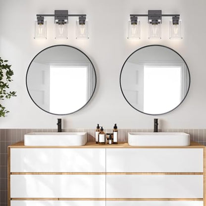 Matte Black Bathroom Vanity Light, 3-Light Vanity Lighting fixtures Over Mirror, Square Design & UL Certification, Wall Sconces with Clear Glass Shades, E26 Socket (Bulbs Not Included) - color: Black, size: 3 Light