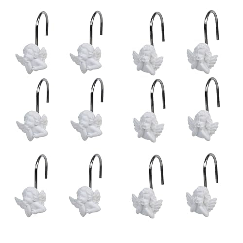 Twofish Home White Angel Shower Curtain Hooks Anti Rust Shower Curtain Hooks Decorative Resin White Angel Shower Curtain Rings Set of 12 - color: White Angel