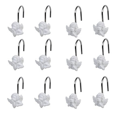 Twofish Home White Angel Shower Curtain Hooks Anti Rust Shower Curtain Hooks Decorative Resin White Angel Shower Curtain Rings Set of 12 - color: White Angel