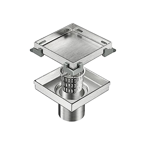 Neodrain 4" Brushed Square Shower Drain with Removable Tile Insert Grate | 304 Stainless Steel Tile Square Drain, Hidden Drain,Easy to Clean, Waterproof & Sturdy Shower Drain, CUPC Certified - color: Brushed, size: 4 IN