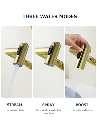 Rotatable Bathroom Faucet with Temperature Display in Fahrenheit (Batteries-Free), 3 Water Outlet Modes, Polished Gold, BF2204-5 - color: Polished Gold