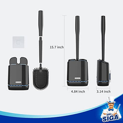 MR.SIGA Toilet Bowl Brush and Holder, Wall Mounted Toilet Brush, Black | Automatic lid design, sturdy handle, upgraded ventilation, flexible thermoplastic rubber head, easy to clean and dry quickly - color: Black, size: 4.8"L x 3.1"W x 15.7"H