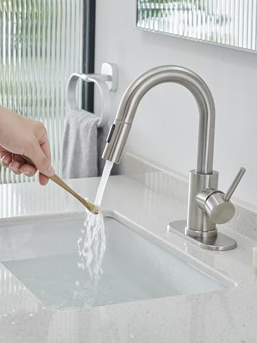 Brushed Bathroom Sink Faucet with Pull Out Sprayer for Sink 1 Hole,Bar Sink Faucet with Pop-Up Drain,Stainless Steel Single Handle Kitchen Faucet 360° Swivel Bathroom Faucets for Two Water Outlet Mode - color: Brushed Nickel, style: Pull-out