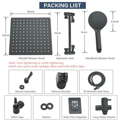 Matte Black Shower Head, High Pressure Rainfall 10 Inch Shower Head/Handheld Showerhead Combo with 10" Extension Arm, Height/Angle Adjustable