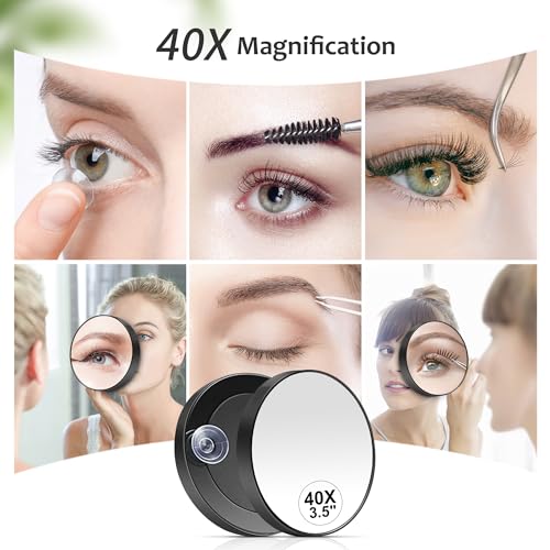 MIYADIVA 40X Magnifying Mirror, 3.5 Inch Round Compact Mirror with Suction Cup, Stainless Steel Tweezers, Perfect for Makeup, Eyebrows, Beards, Travel - color: Black-40x