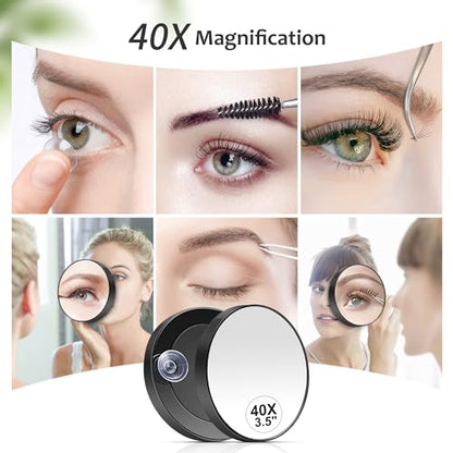 MIYADIVA 40X Magnifying Mirror, 3.5 Inch Round Compact Mirror with Suction Cup, Stainless Steel Tweezers, Perfect for Makeup, Eyebrows, Beards, Travel - color: Black-40x